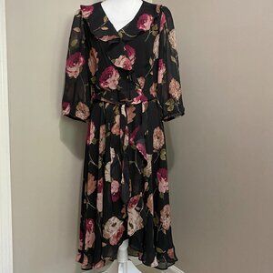 Danny and Nicole Feminine Black Floral Midi Dress - Size 16 (NWT)